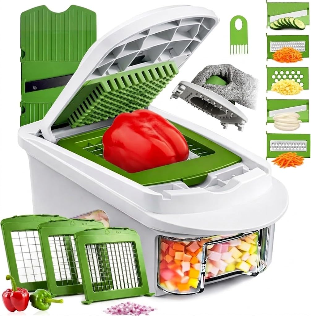 TRIZAH Vegetable Chopper & Cutter, 8 in 1 Salad Chopper with 1.2L Container, Heavy Duty Stainless Steel Blades, Mandoline & Julienne Slicer, Dicer, Coarse Grater, Safety Glove for Food Prep
